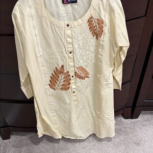 Embroidered Button Down Shirt - Cream and Brown